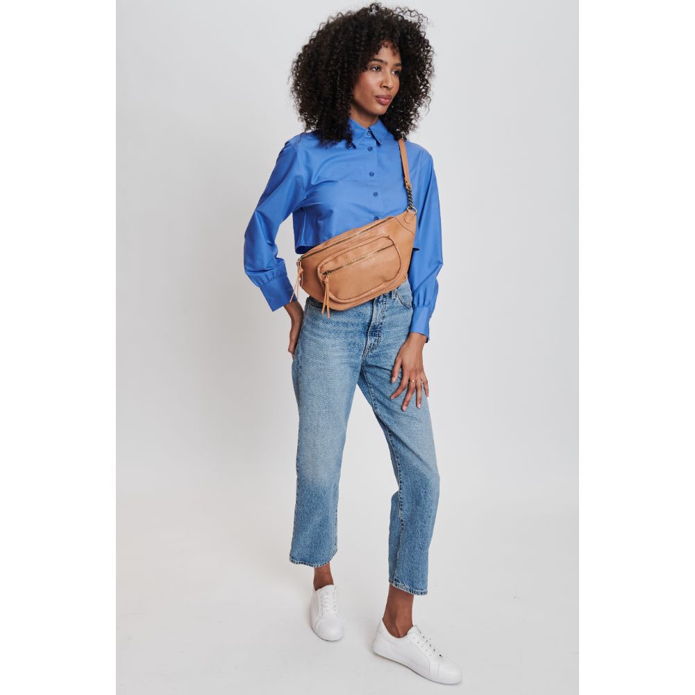 Woman wearing Camel Moda Luxe Samira Belt Bag 842017132752 View 4 | Camel