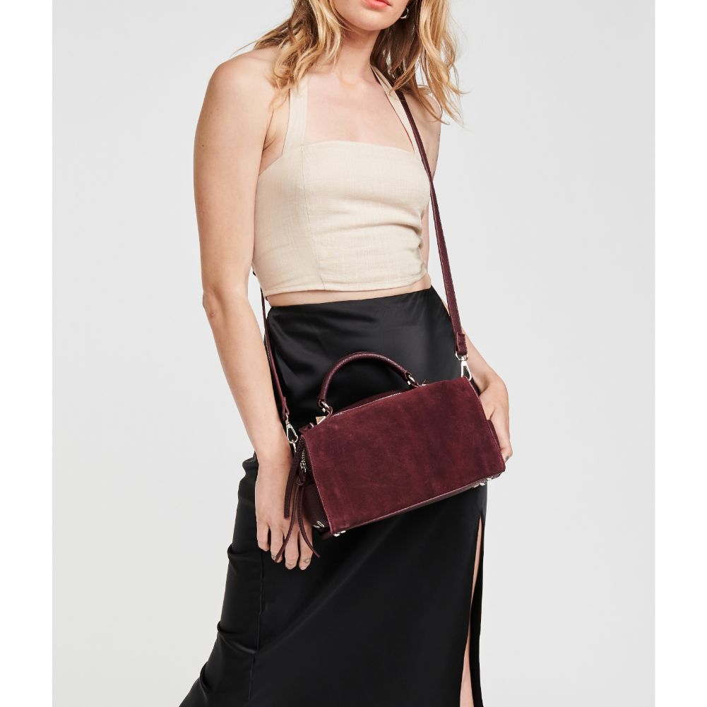 Woman wearing Burgundy Moda Luxe Hudson Satchel 842017115632 View 1 | Burgundy
