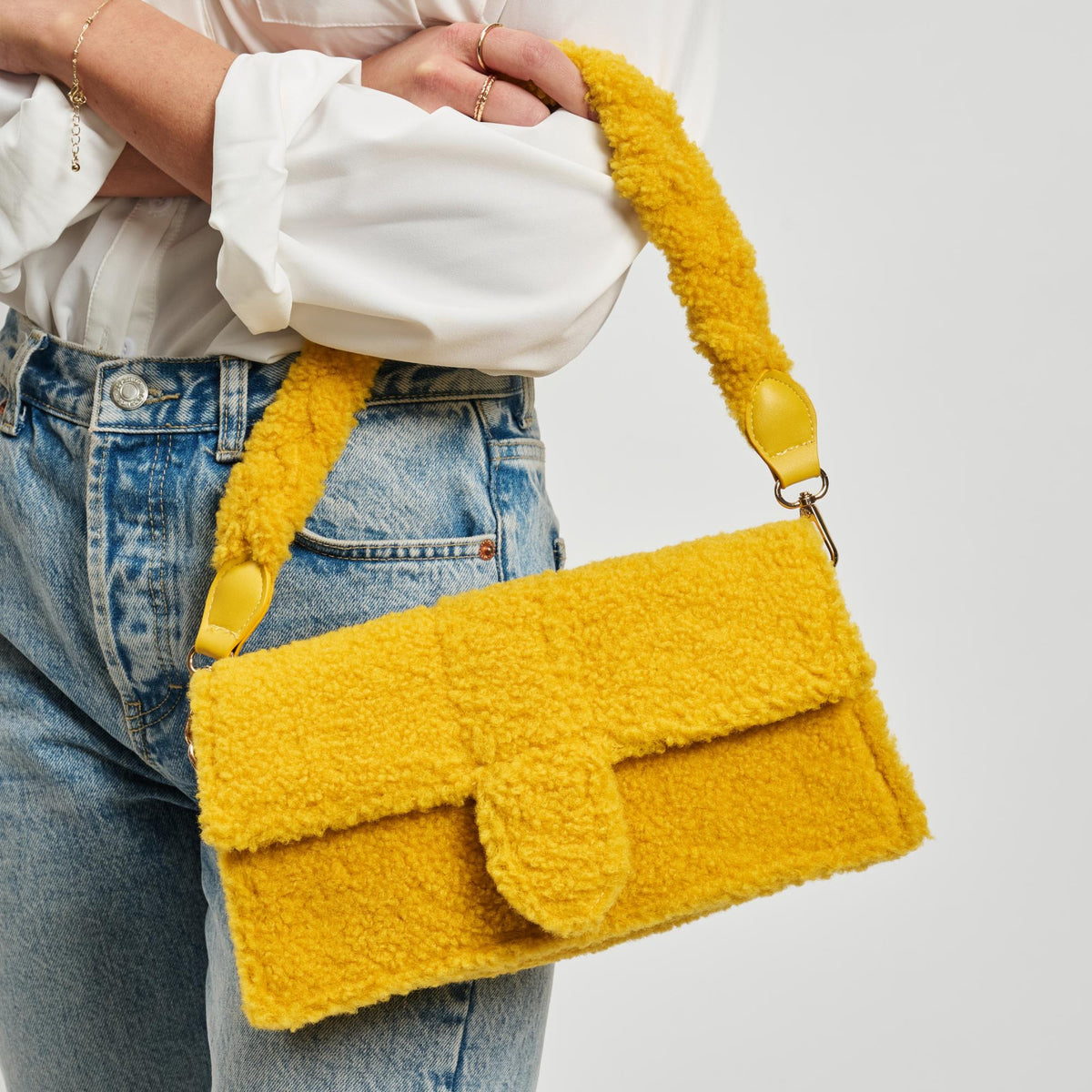 Woman wearing Mustard Moda Luxe Fergie Crossbody 842017133728 View 4 | Mustard