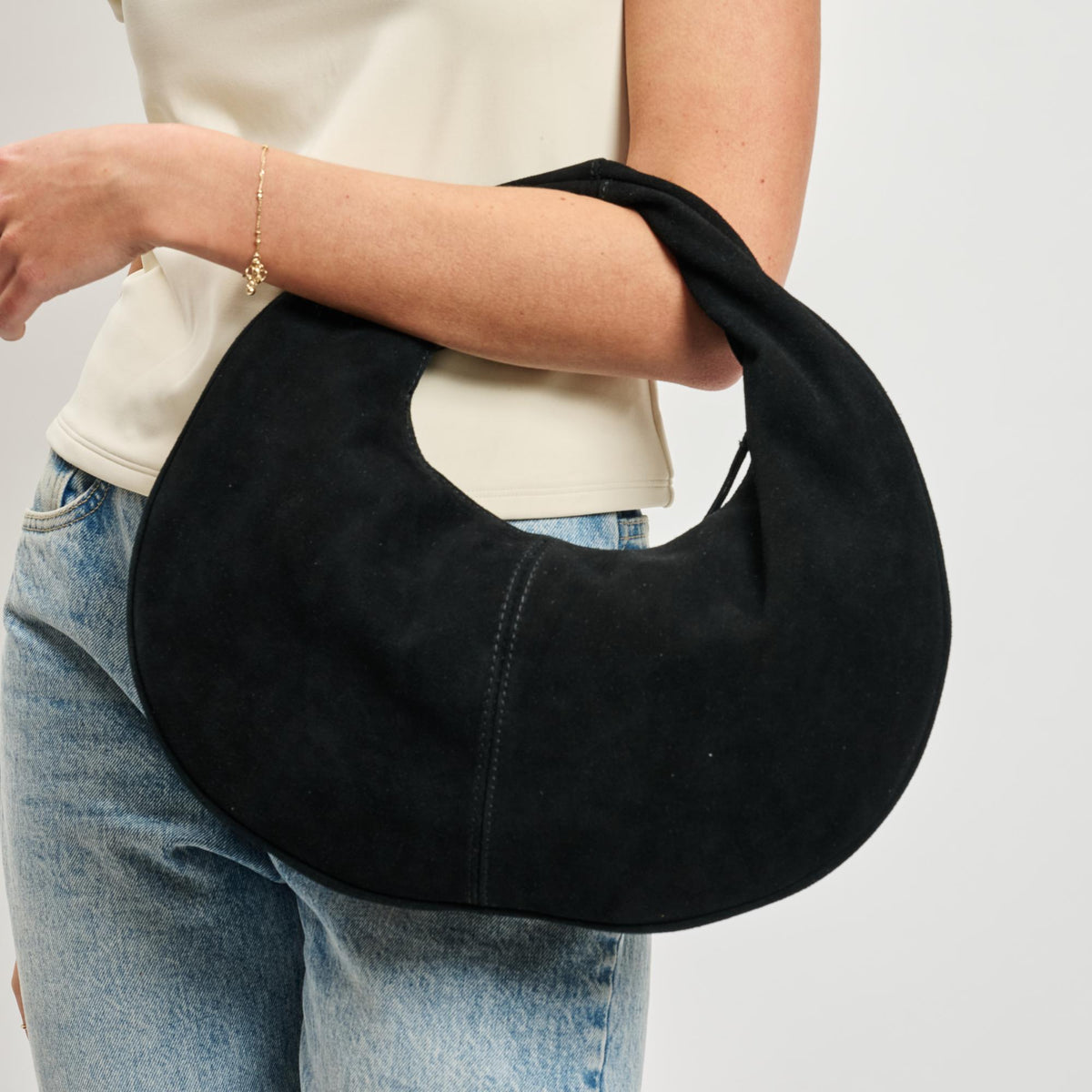 Woman wearing Black Moda Luxe Farrah - Suede Hobo 842017138617 View 1 | Black