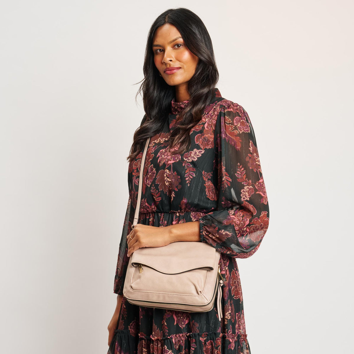 Woman wearing Natural Moda Luxe Easy Foldover Crossbody 842017139850 View 2 | Natural