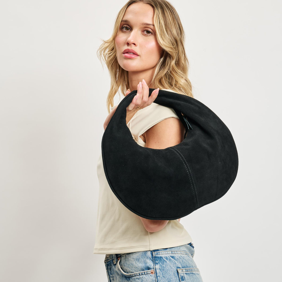 Woman wearing Black Moda Luxe Farrah - Suede Hobo 842017138617 View 3 | Black