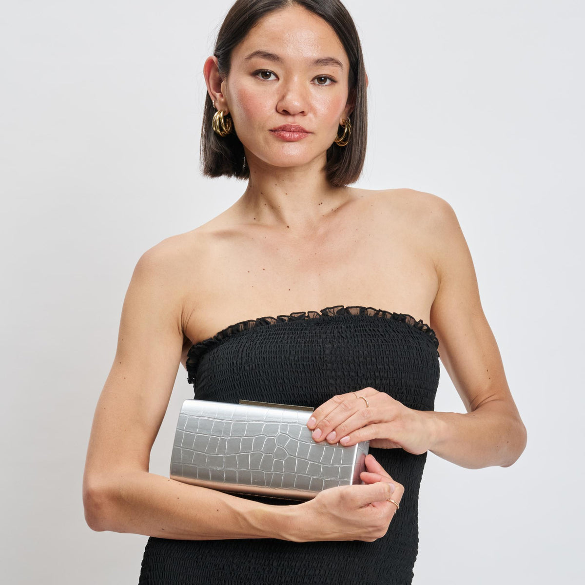 Woman wearing Silver Moda Luxe Sienna Evening Bag 842017139720 View 1 | Silver