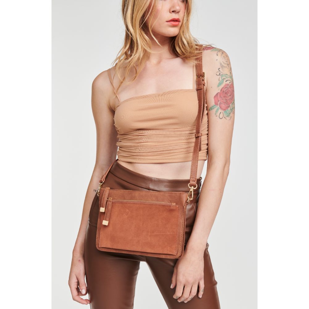 Woman wearing Cognac Moda Luxe Penny Crossbody 842017107668 View 1 | Cognac