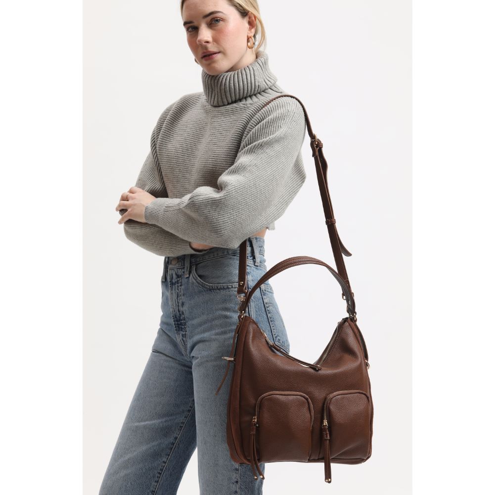 Woman wearing Chocolate Moda Luxe Marla Hobo 842017134053 View 1 | Chocolate