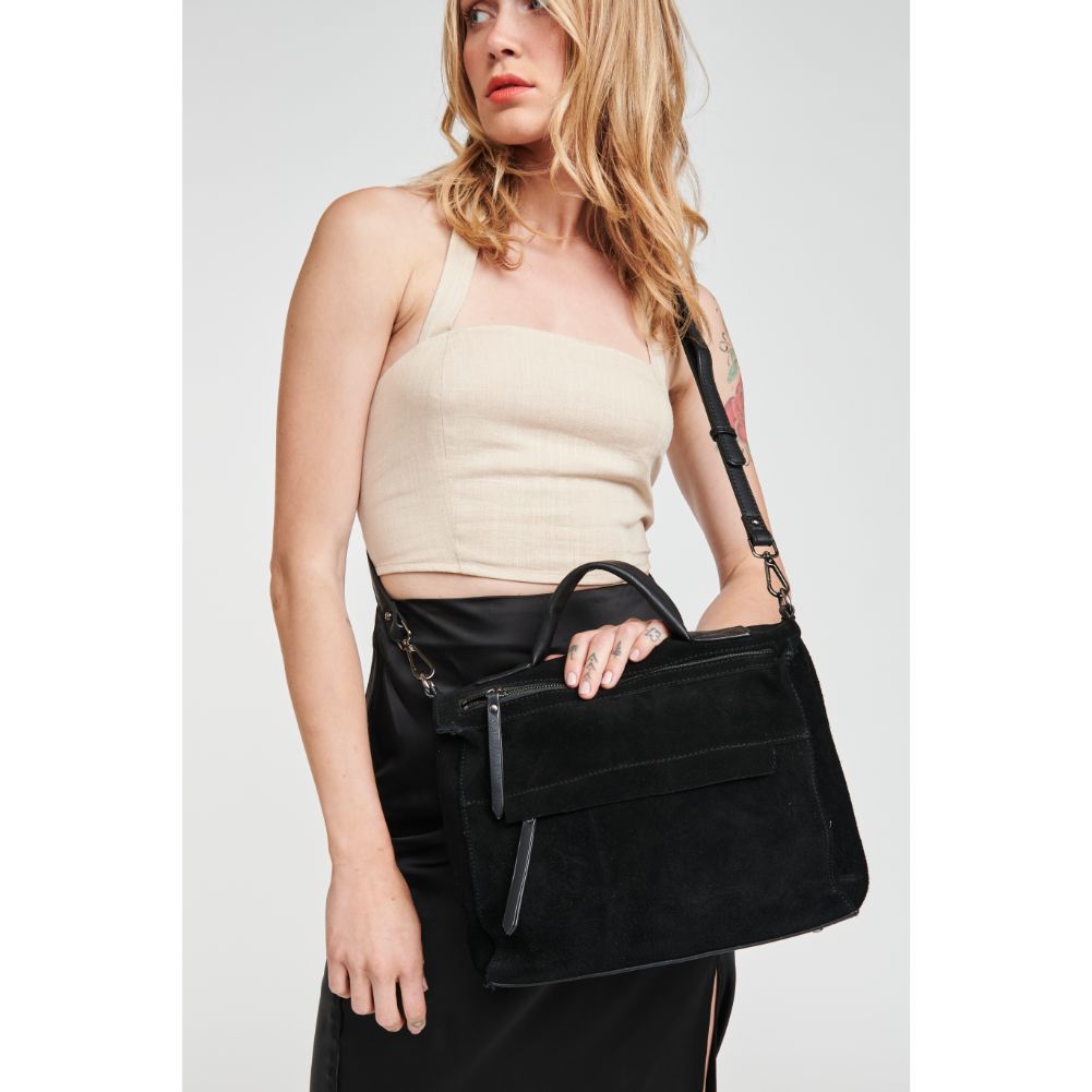 Woman wearing Black Moda Luxe Harrison Satchel 842017116004 View 1 | Black