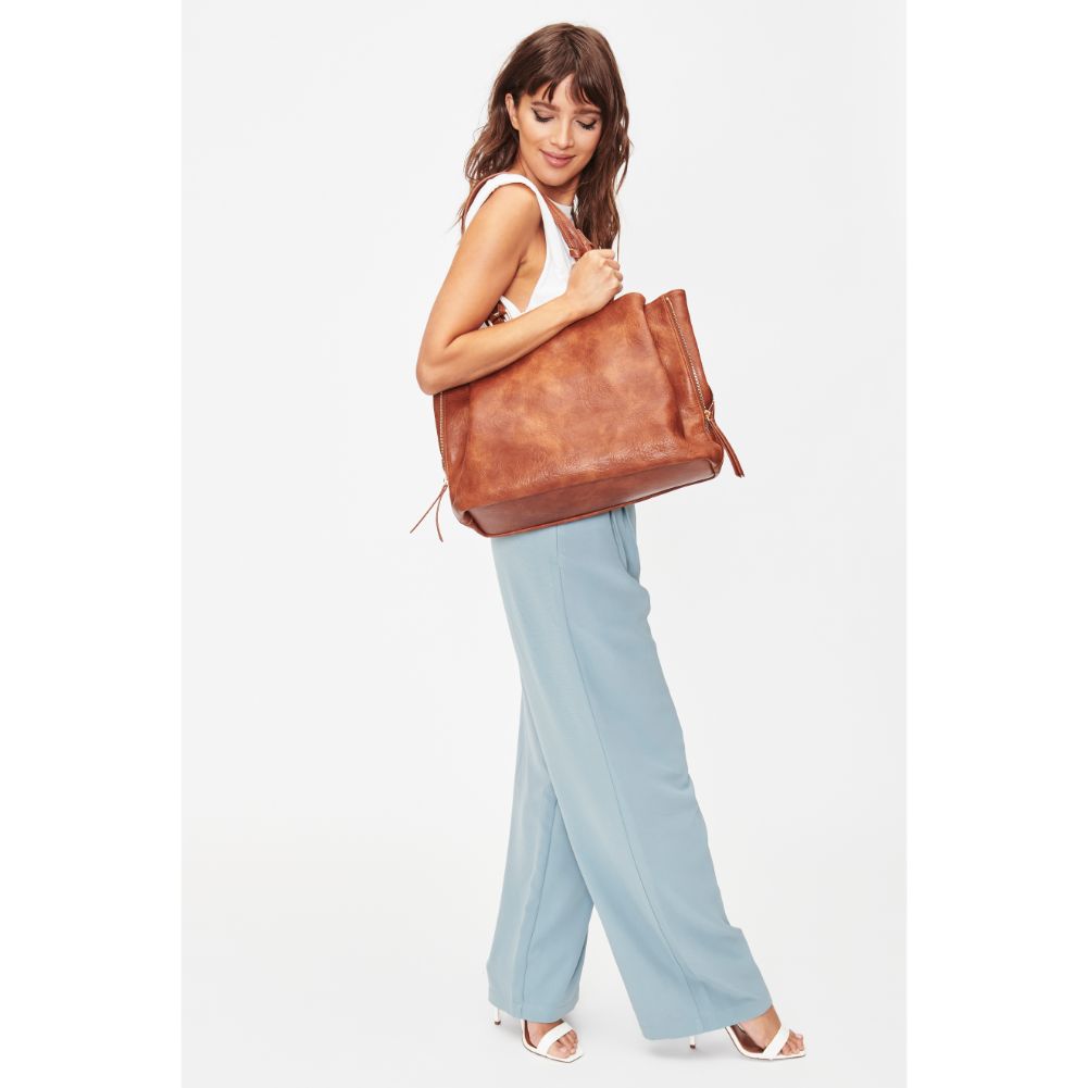 Woman wearing Cognac Moda Luxe Clementine Tote 842017128076 View 3 | Cognac