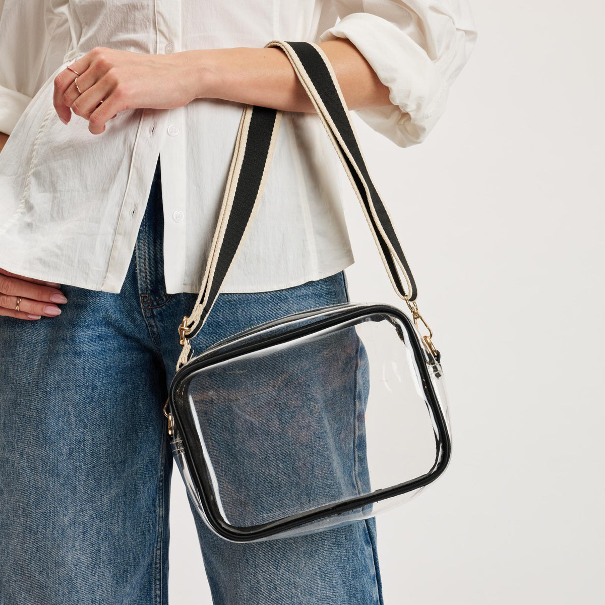 Woman wearing Clear Black Moda Luxe Christina Crossbody 842017133520 View 2 | Clear Black