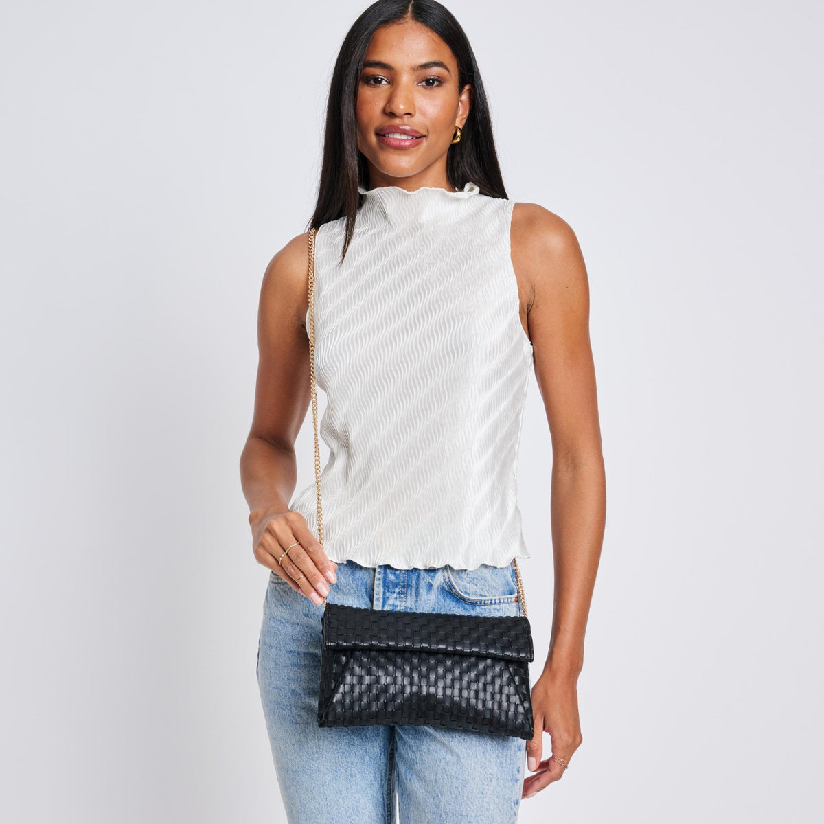 Woman wearing Black Moda Luxe Priscilla Clutch 842017136538 View 3 | Black