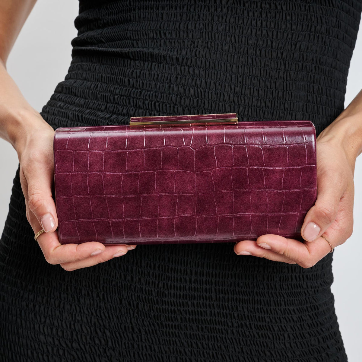 Woman wearing Wine Moda Luxe Sienna Evening Bag 842017139744 View 4 | Wine