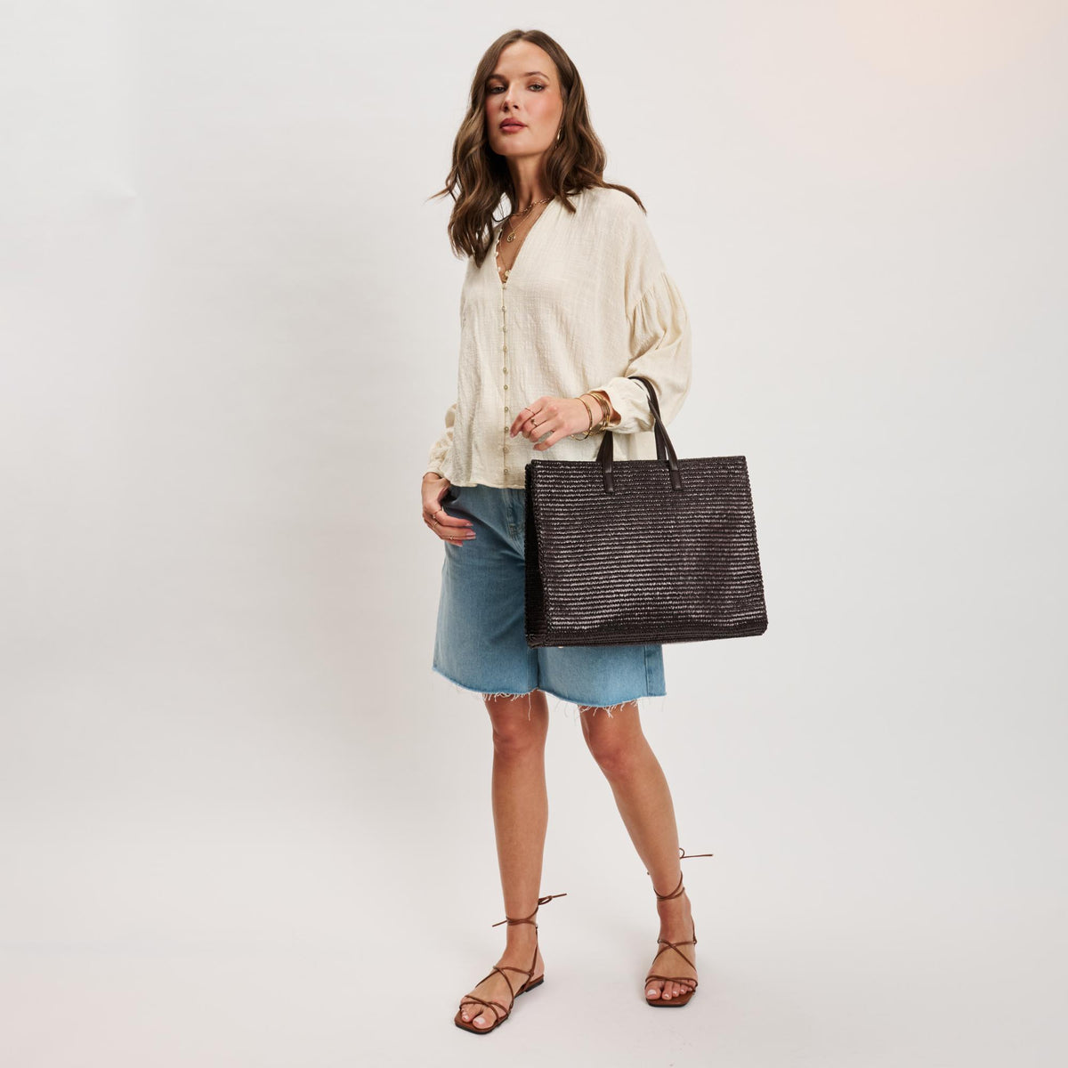 Woman wearing Chocolate Moda Luxe Camila Tote 842017140290 View 4 | Chocolate