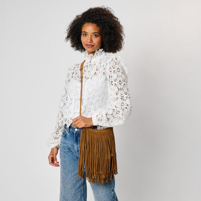 Woman wearing Caramel Moda Luxe Arizona Crossbody 842017142324 View 1 | Caramel