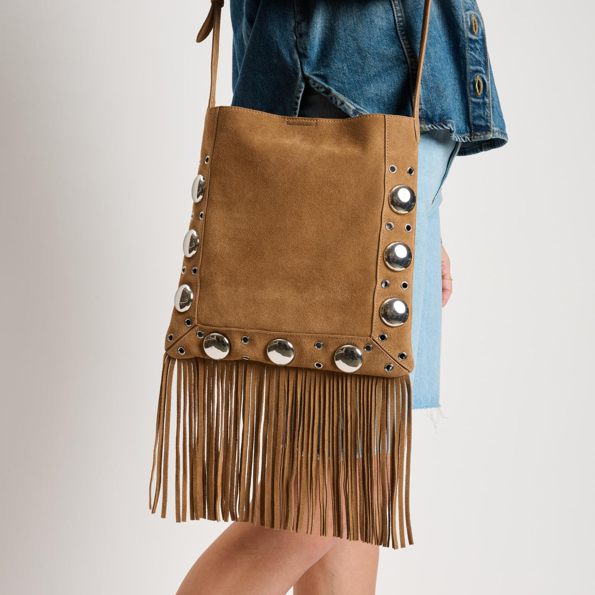 Woman wearing Cognac Moda Luxe Courtney Crossbody 842017140559 View 2 | Cognac