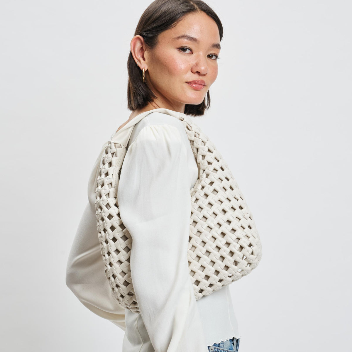 Woman wearing Oatmilk Moda Luxe Richelle Hobo 842017137528 View 2 | Oatmilk