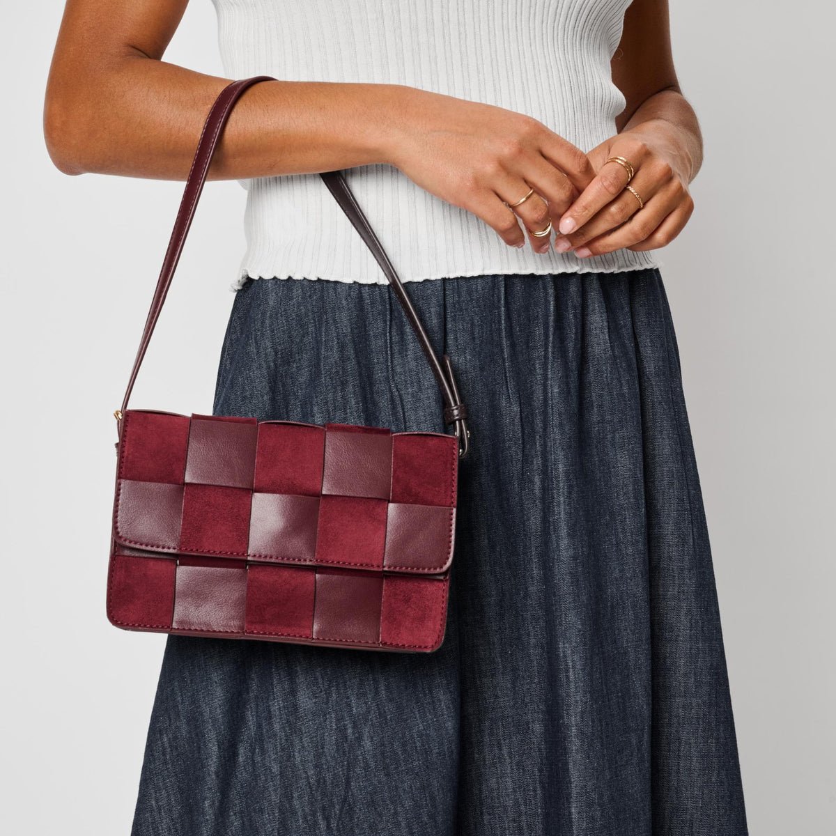 Woman wearing Burgundy Moda Luxe Tanya Crossbody 842017142928 View 1 | Burgundy