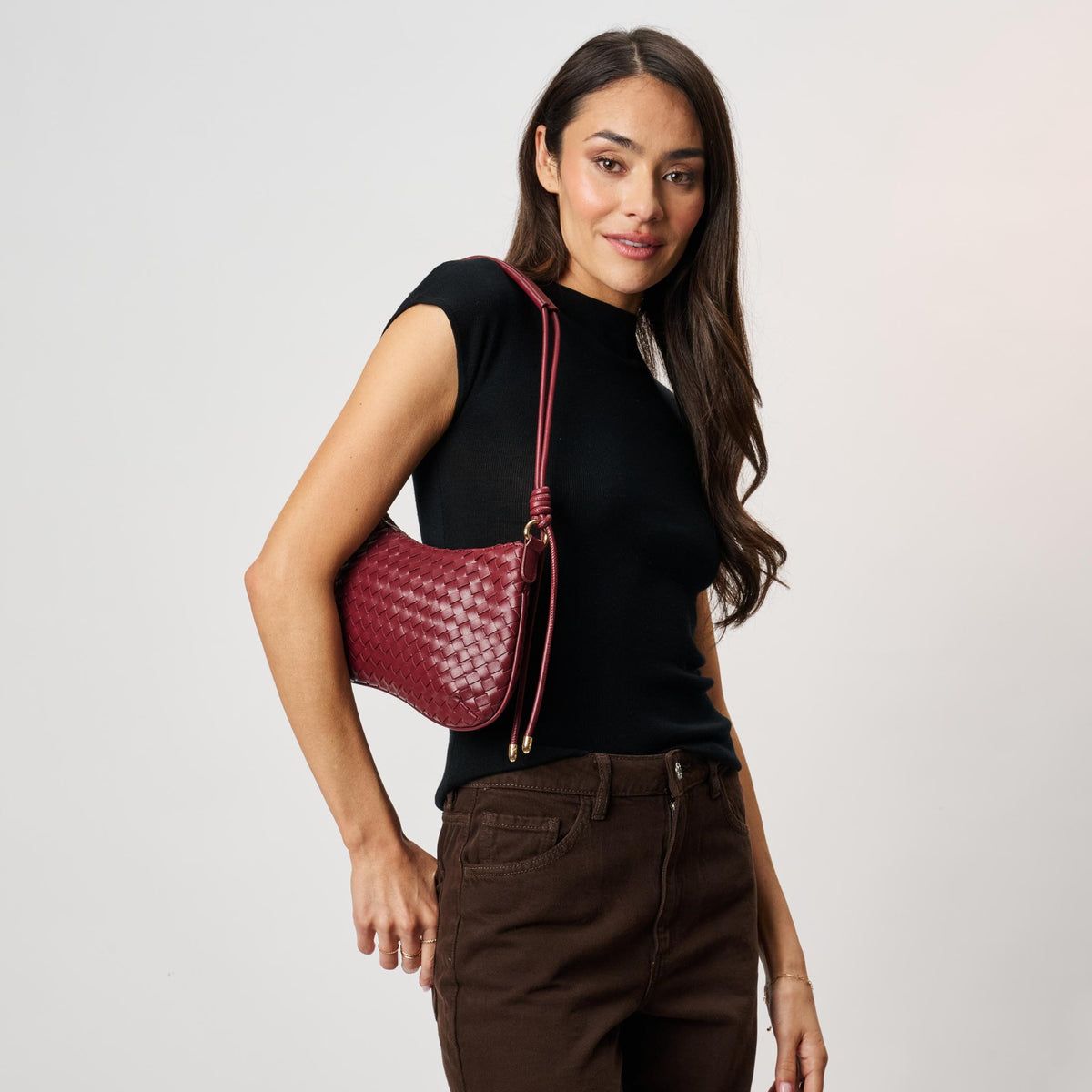 Woman wearing Burgundy Moda Luxe Cindy Shoulder Bag 842017142690 View 2 | Burgundy