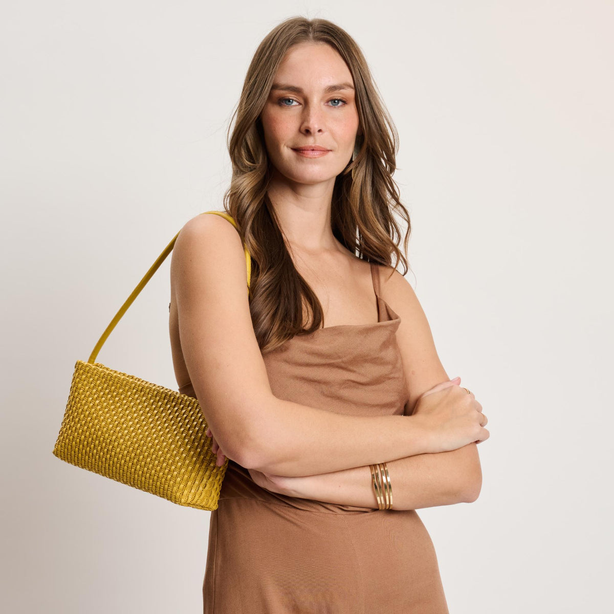 Woman wearing Mustard Moda Luxe Lucy Shoulder Bag 842017140375 View 4 | Mustard