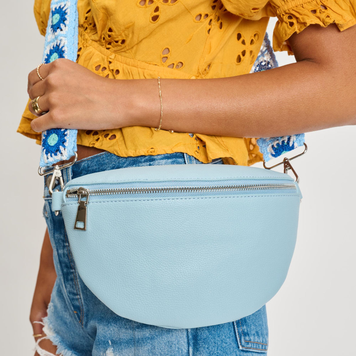 Woman wearing Blue Moda Luxe Stylette Belt Bag 842017134794 View 4 | Blue