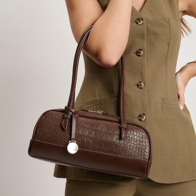 Woman wearing Chocolate Moda Luxe Paloma - Croco Shoulder Bag 842017140405 View 1 | Chocolate