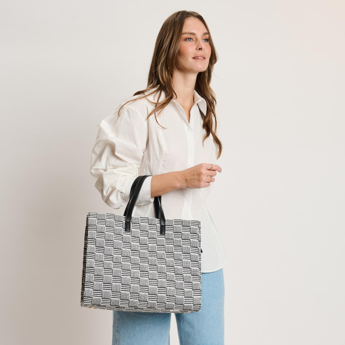 Woman wearing Black White Moda Luxe Camila Tote 842017140320 View 3 | Black White