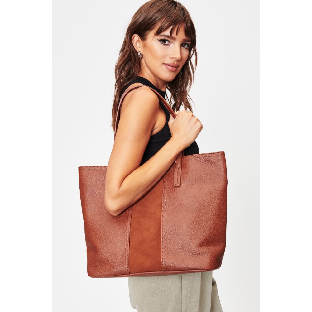 Woman wearing Cognac Moda Luxe Millie Tote 842017128663 View 2 | Cognac