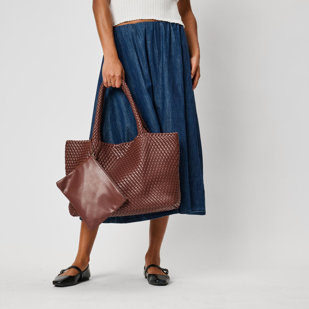 Woman wearing Chocolate Moda Luxe Solana Tote 842017142195 View 3 | Chocolate