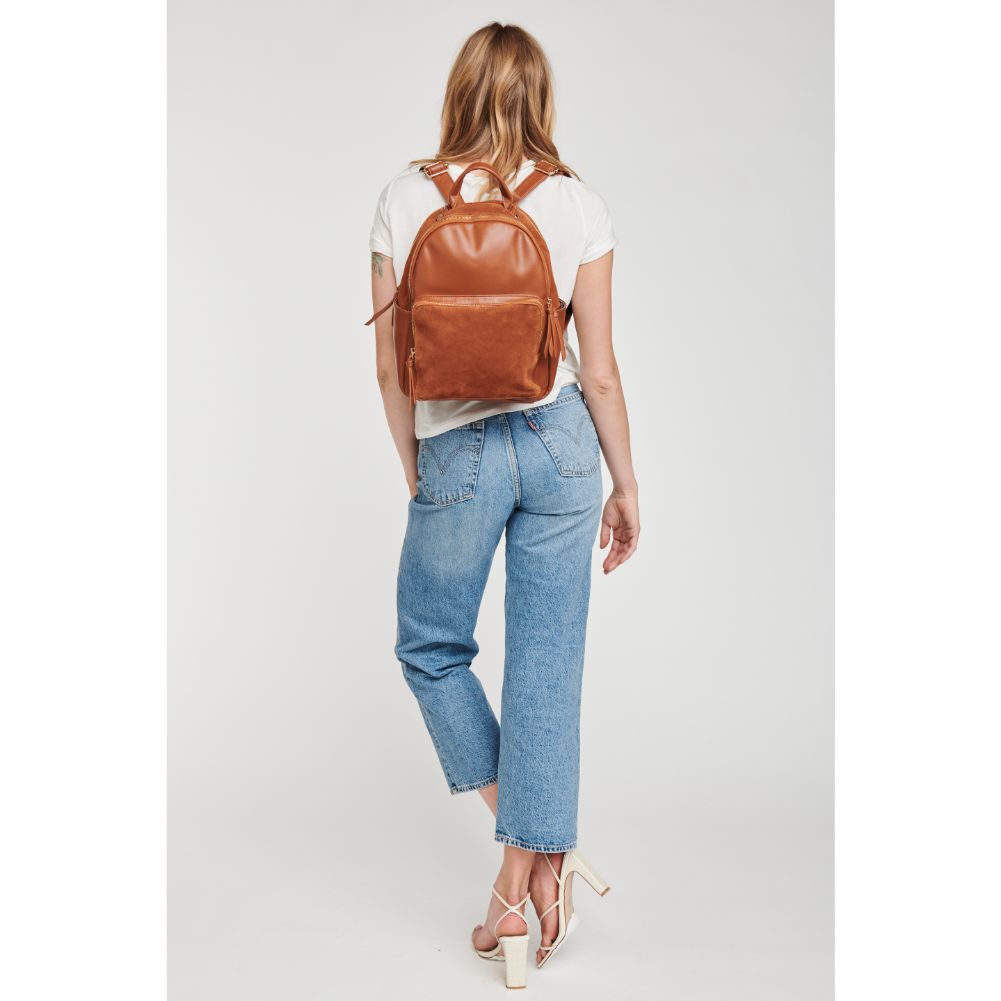 Woman wearing Tan Moda Luxe Blair Backpack 842017127369 View 2 | Tan