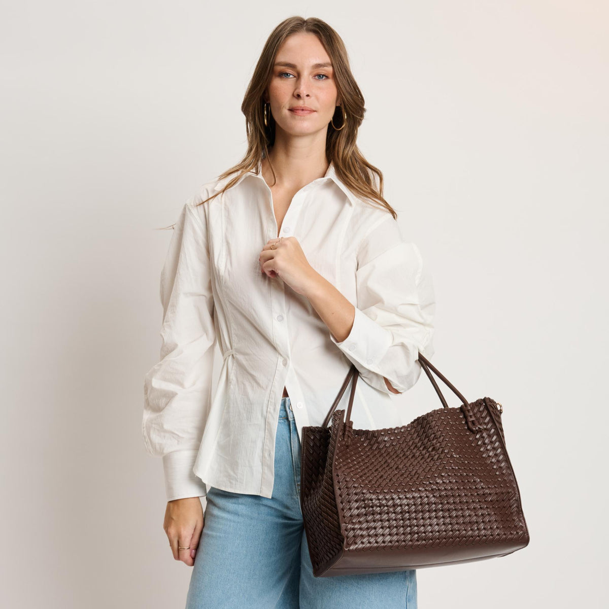 Woman wearing Chocolate Moda Luxe Jackie Tote 842017140825 View 3 | Chocolate