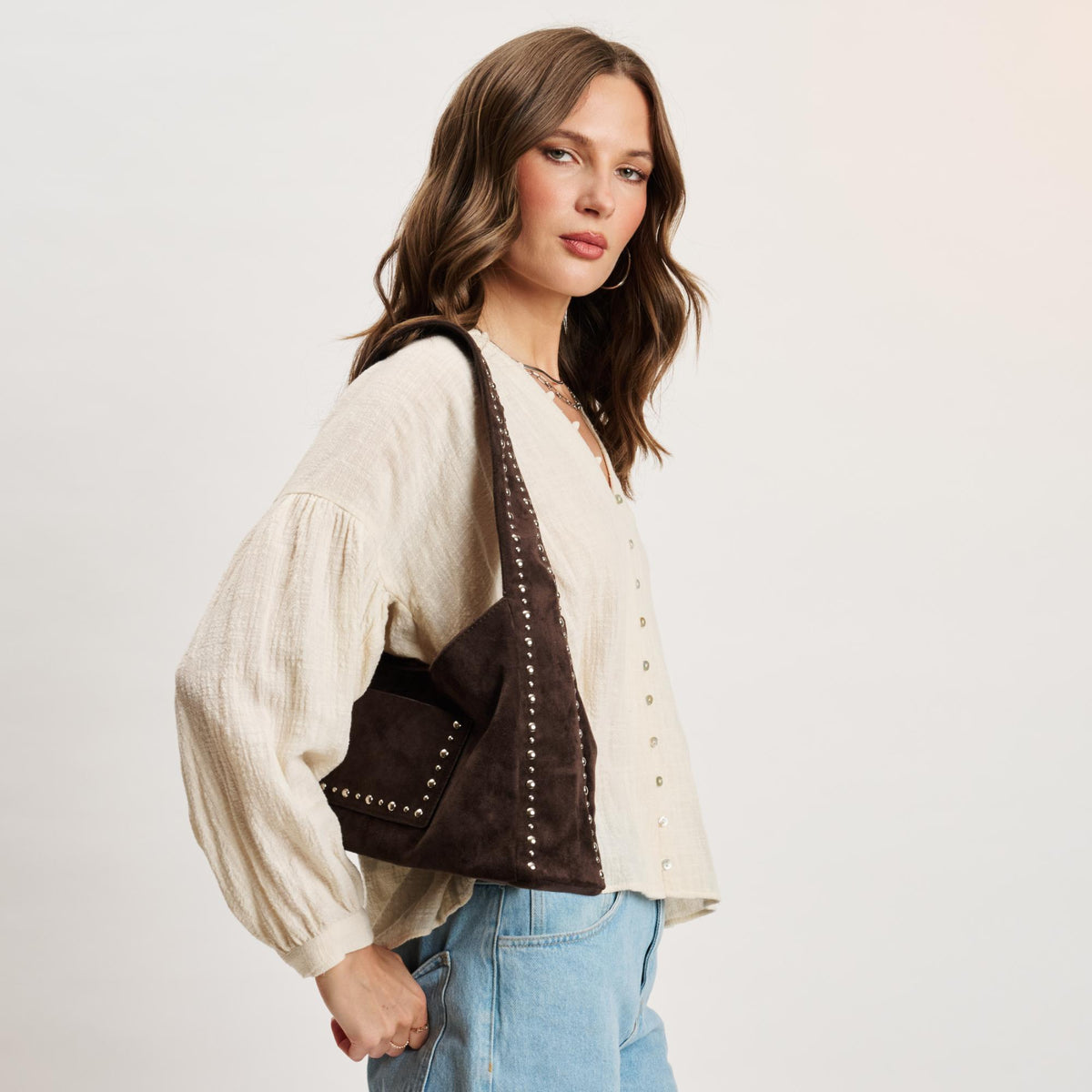 Woman wearing Chocolate Moda Luxe Dahlia Hobo 842017140665 View 2 | Chocolate