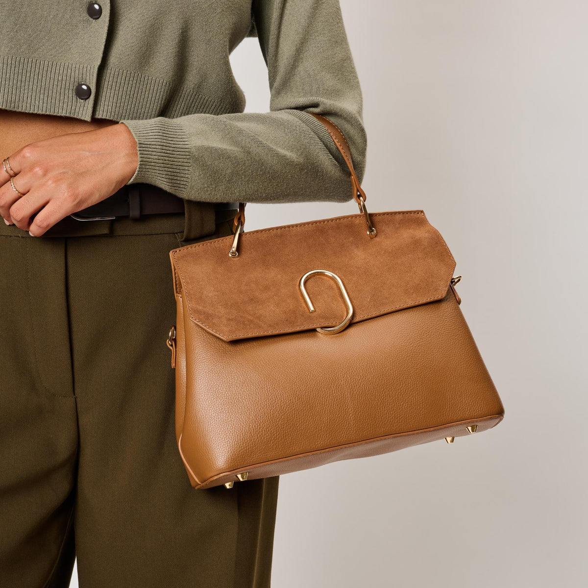 Woman wearing Cognac Moda Luxe Nico Satchel 842017143406 View 2 | Cognac