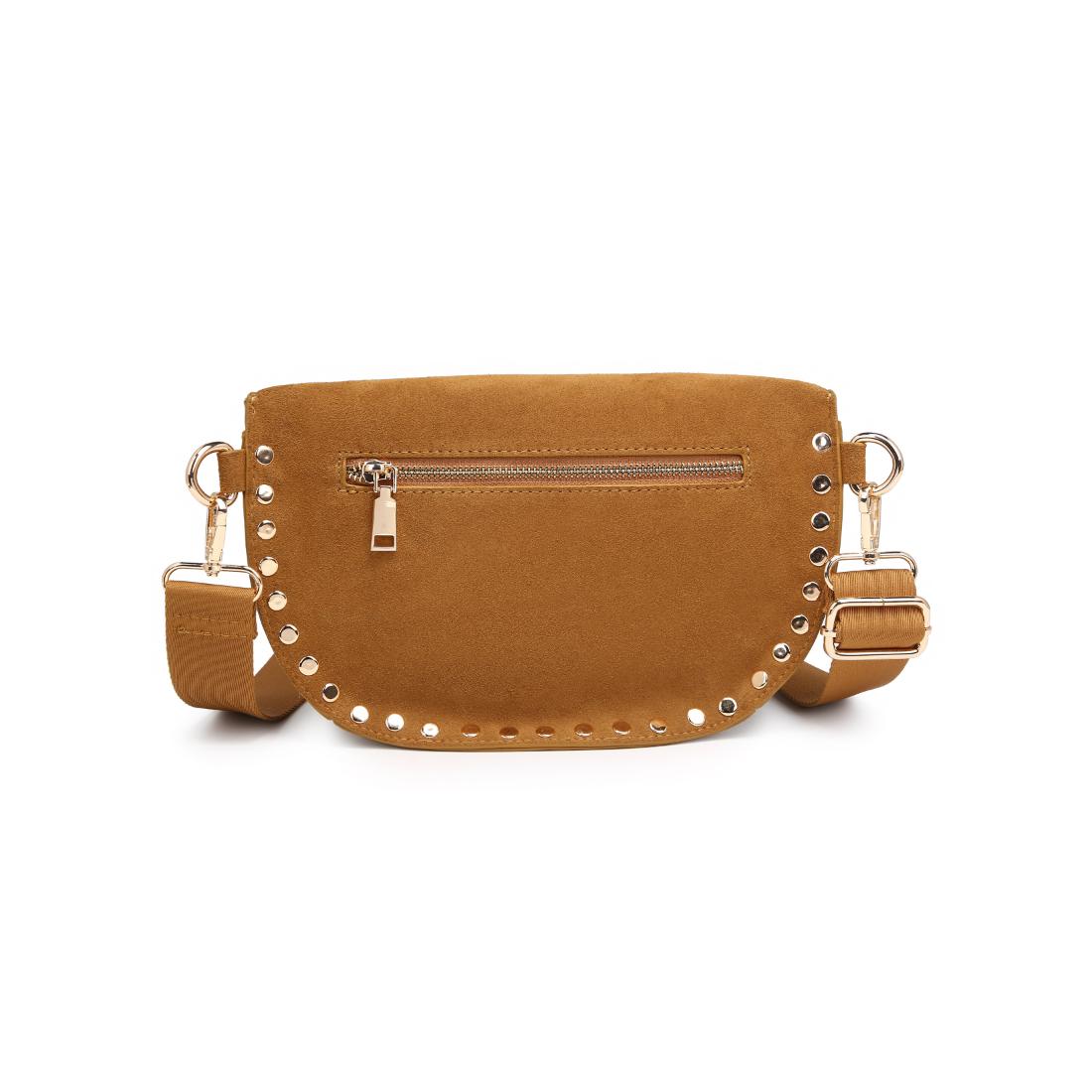 Woman wearing Tan Moda Luxe Gizelle-Suede Belt Bag 842017139676 View 7 | Tan