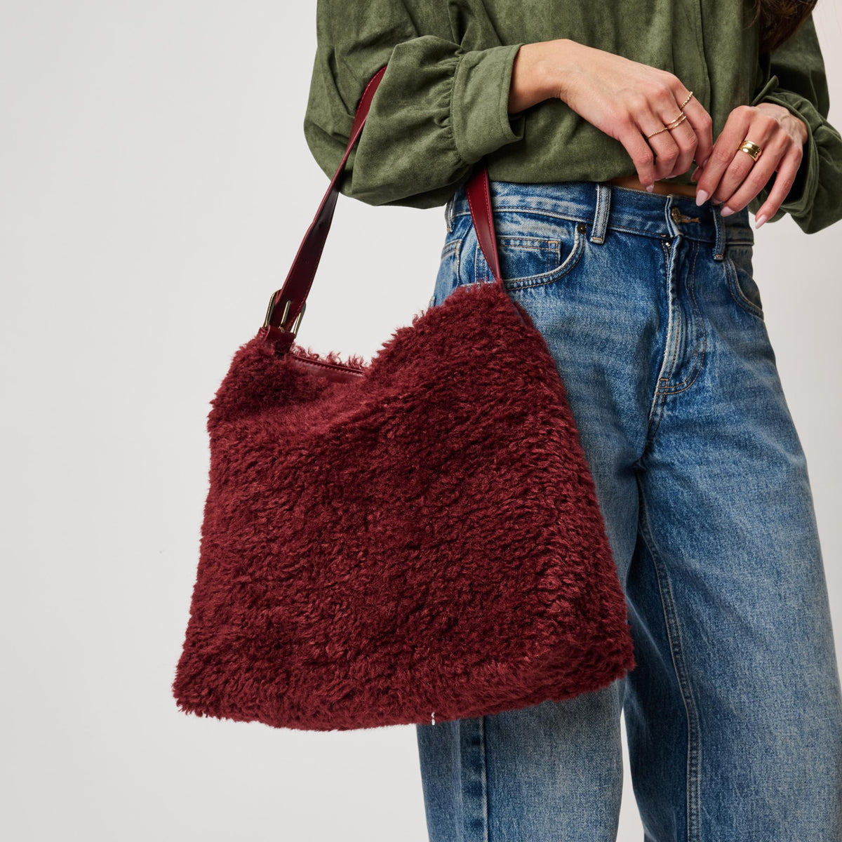 Woman wearing Burgundy Moda Luxe Neve Sherpa Tote 842017142447 View 2 | Burgundy