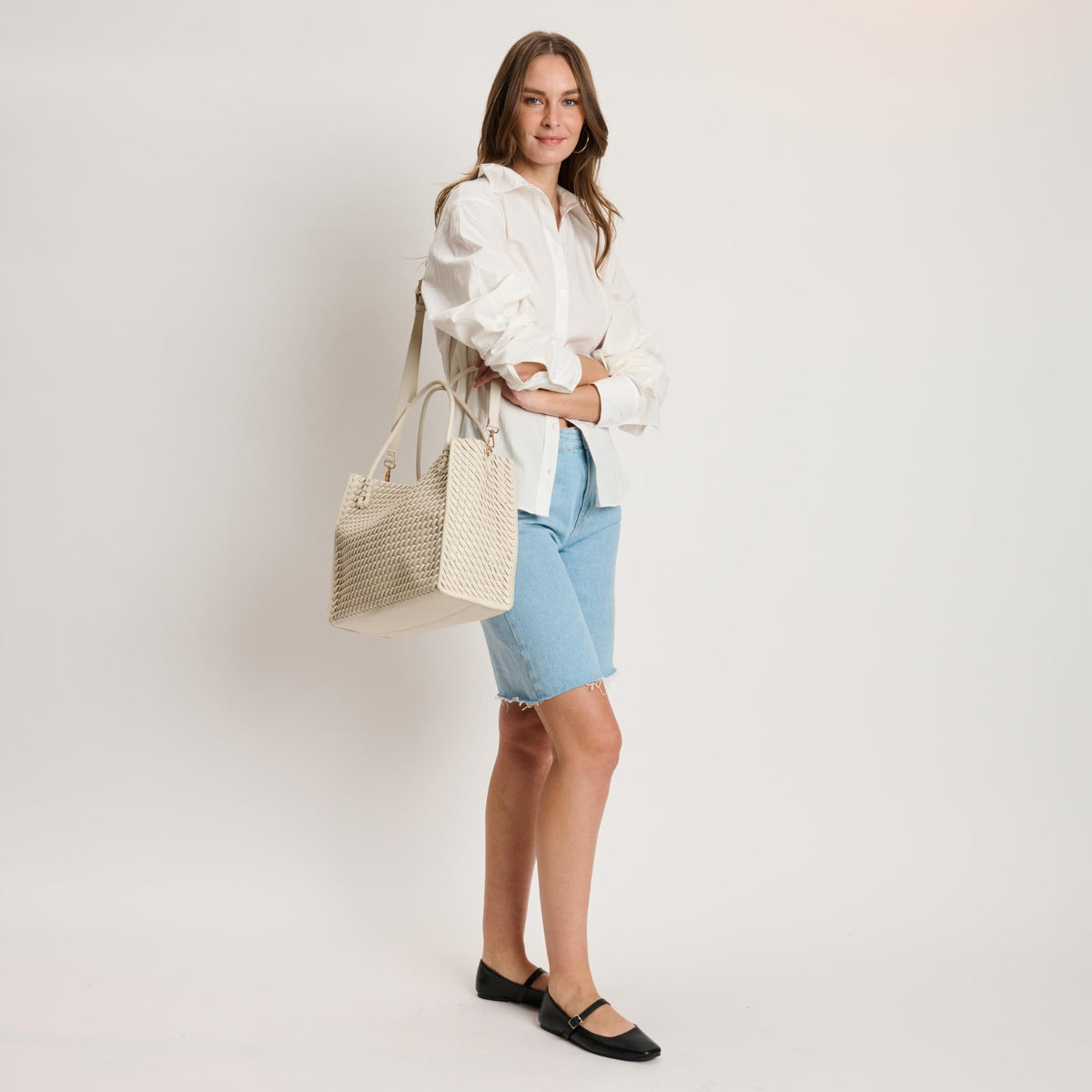 Woman wearing Cream Moda Luxe Jackie Tote 842017140849 View 2 | Cream