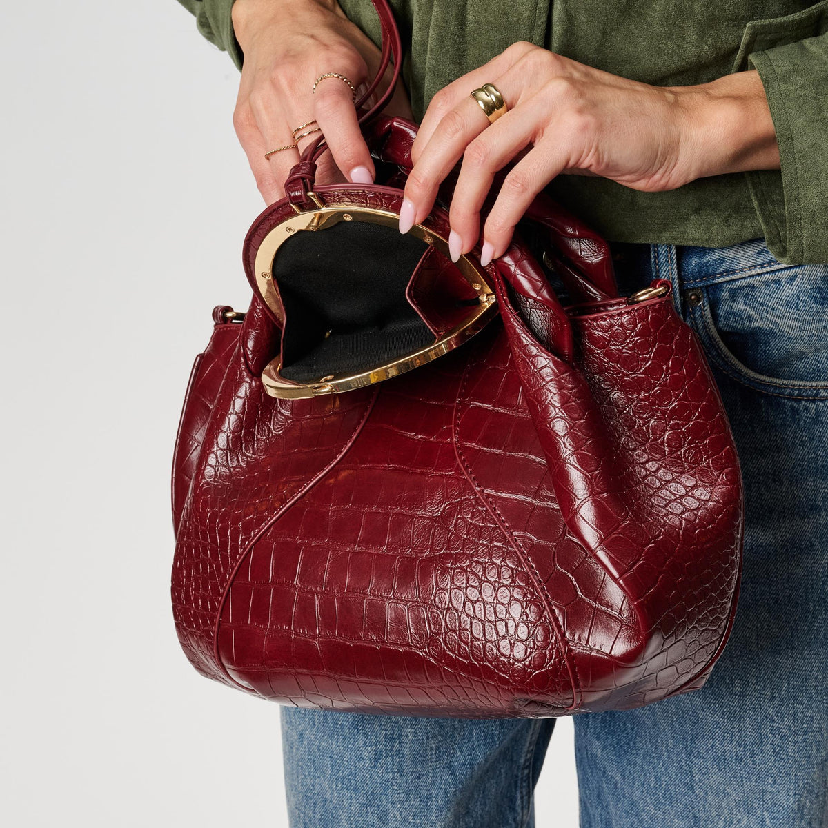 Woman wearing Burgundy Moda Luxe Amaya Satchel 842017142553 View 3 | Burgundy
