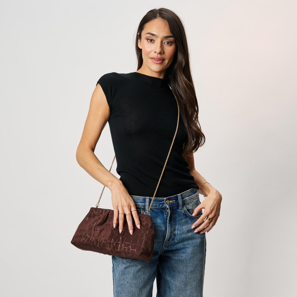 Woman wearing Chocolate Moda Luxe Elva Croco Clutch 842017142270 View 3 | Chocolate