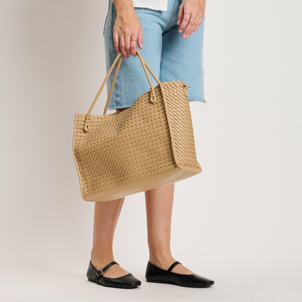 Woman wearing Natural Moda Luxe Jackie Tote 842017140832 View 4 | Natural