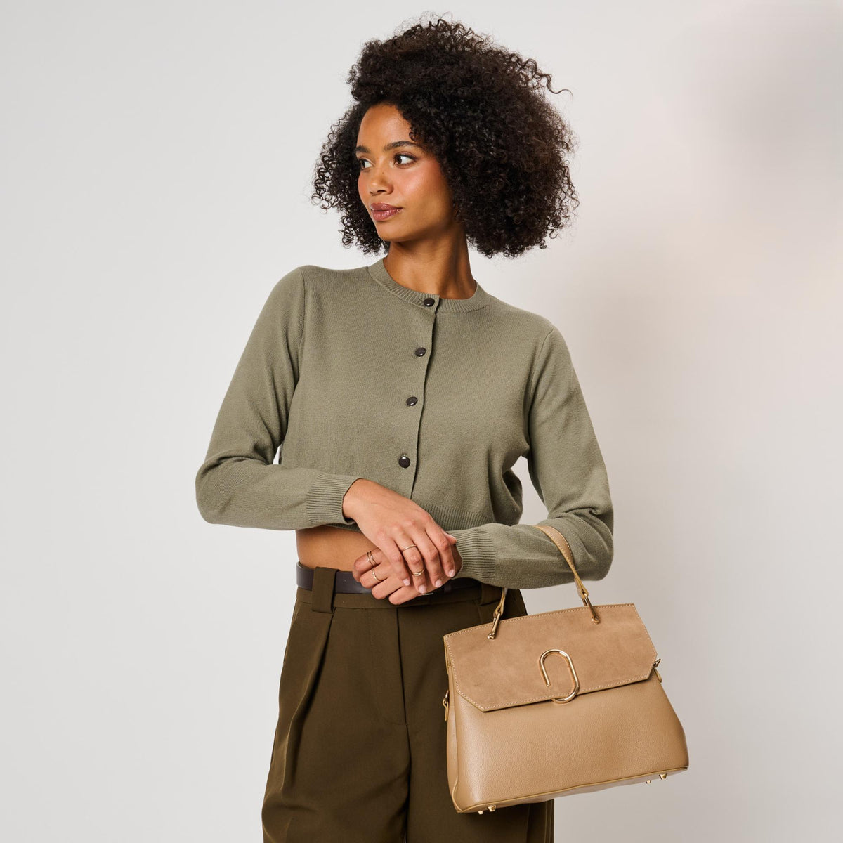Woman wearing Mushroom Moda Luxe Nico Satchel 842017143413 View 2 | Mushroom