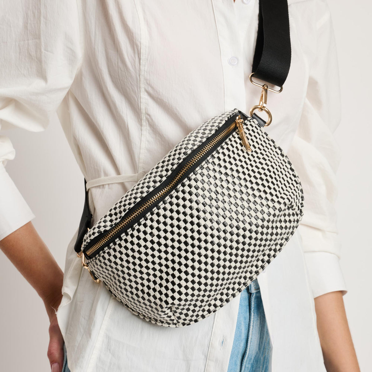 Woman wearing Black White Moda Luxe Gizelle - Small Checker Belt Bag 842017141020 View 1 | Black White