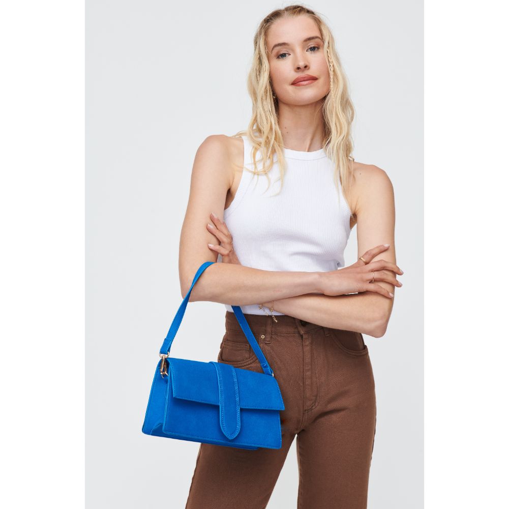 Woman wearing Electric Blue Moda Luxe Violet - Suede Crossbody 842017130727 View 1 | Electric Blue