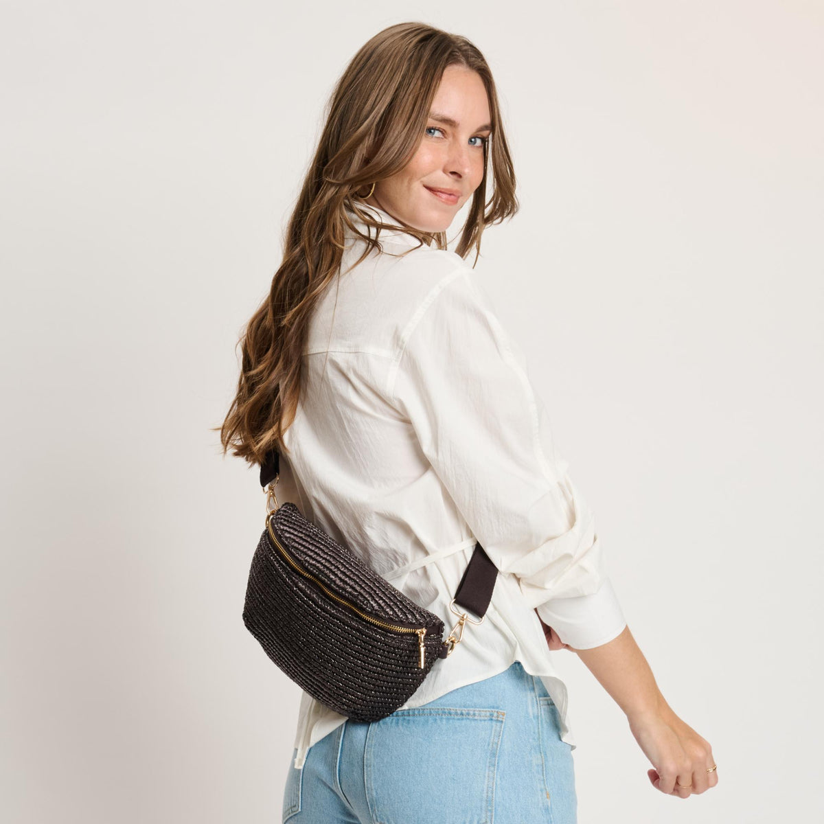 Woman wearing Chocolate Moda Luxe Gizelle - Large Checker Belt Bag 842017141051 View 4 | Chocolate