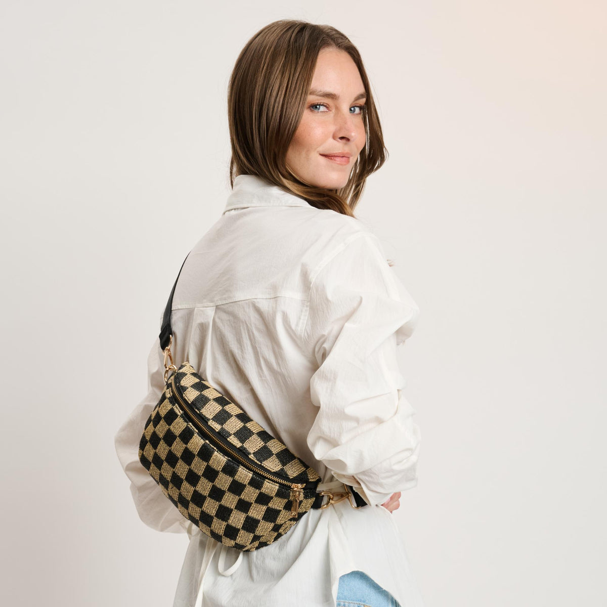 Woman wearing Black Natural Moda Luxe Gizelle - Large Checker Belt Bag 842017141044 View 2 | Black Natural