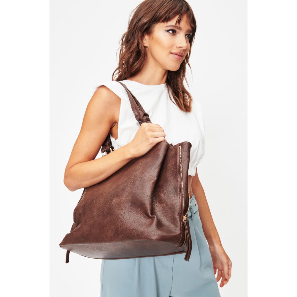 Woman wearing Espresso Moda Luxe Clementine Tote 842017128069 View 2 | Espresso