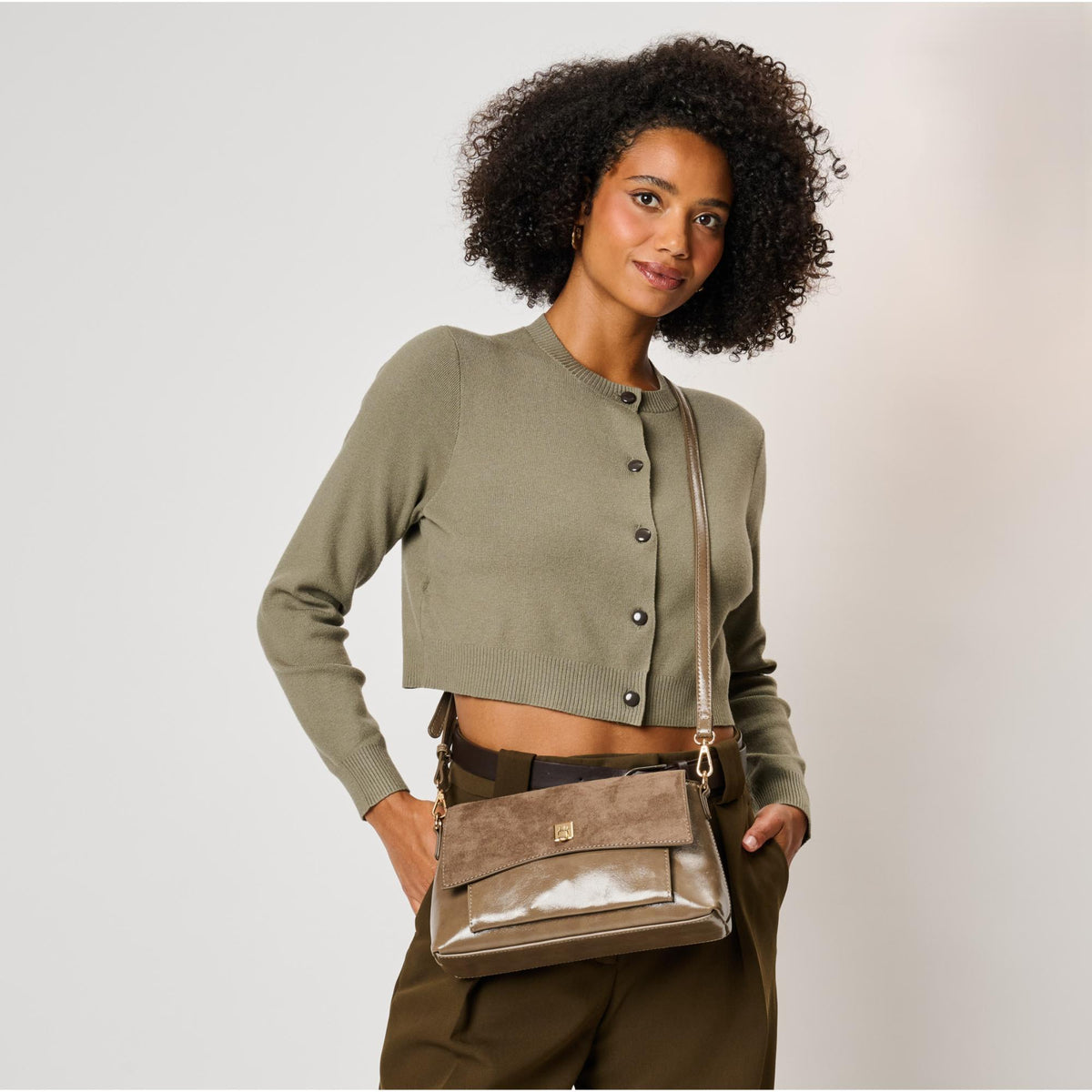 Woman wearing Taupe Moda Luxe Aly Crossbody 842017143062 View 1 | Taupe