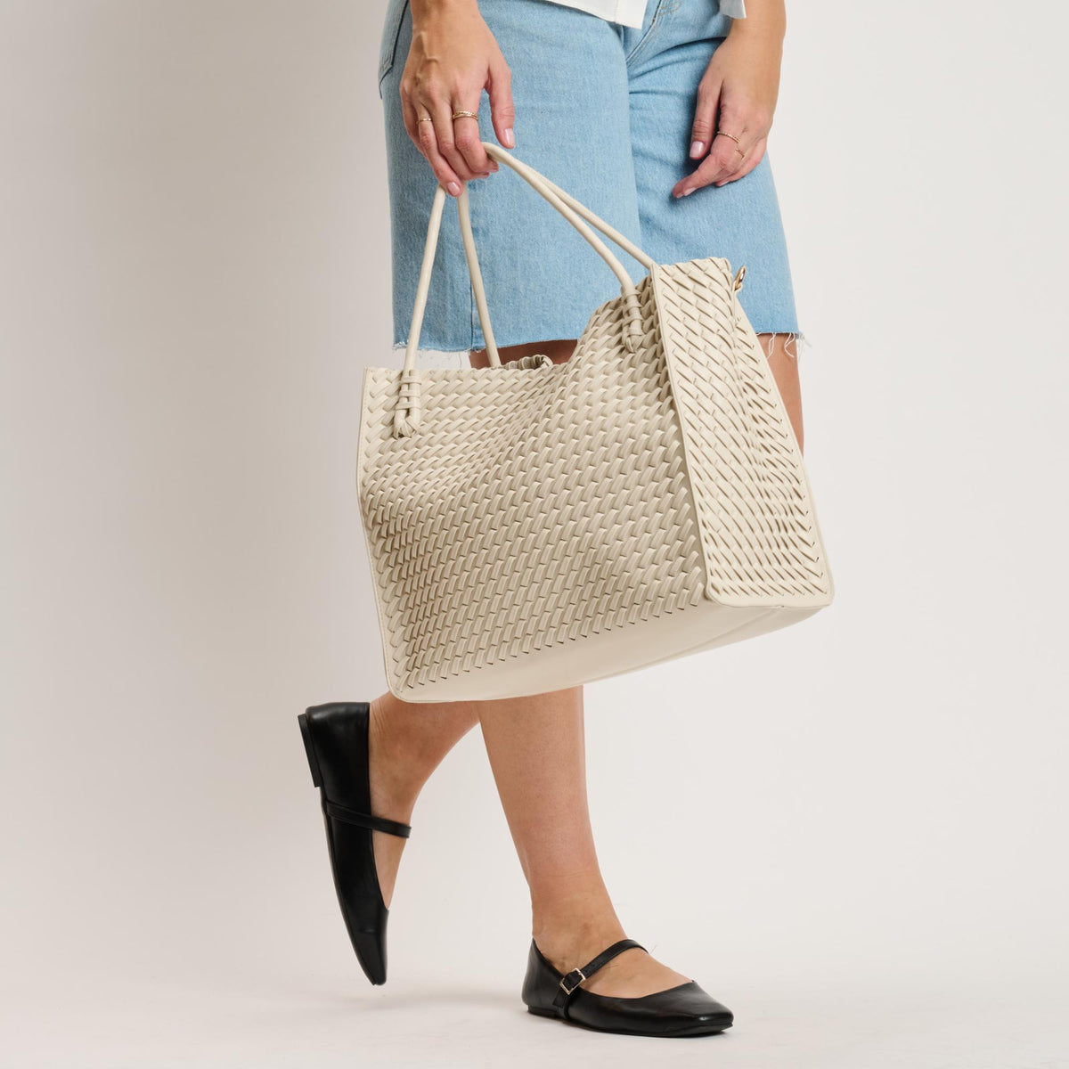Woman wearing Cream Moda Luxe Jackie Tote 842017140849 View 3 | Cream