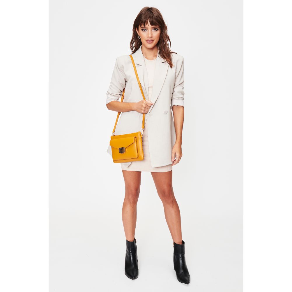 Woman wearing Mustard Moda Luxe Amari Crossbody 842017128434 View 3 | Mustard
