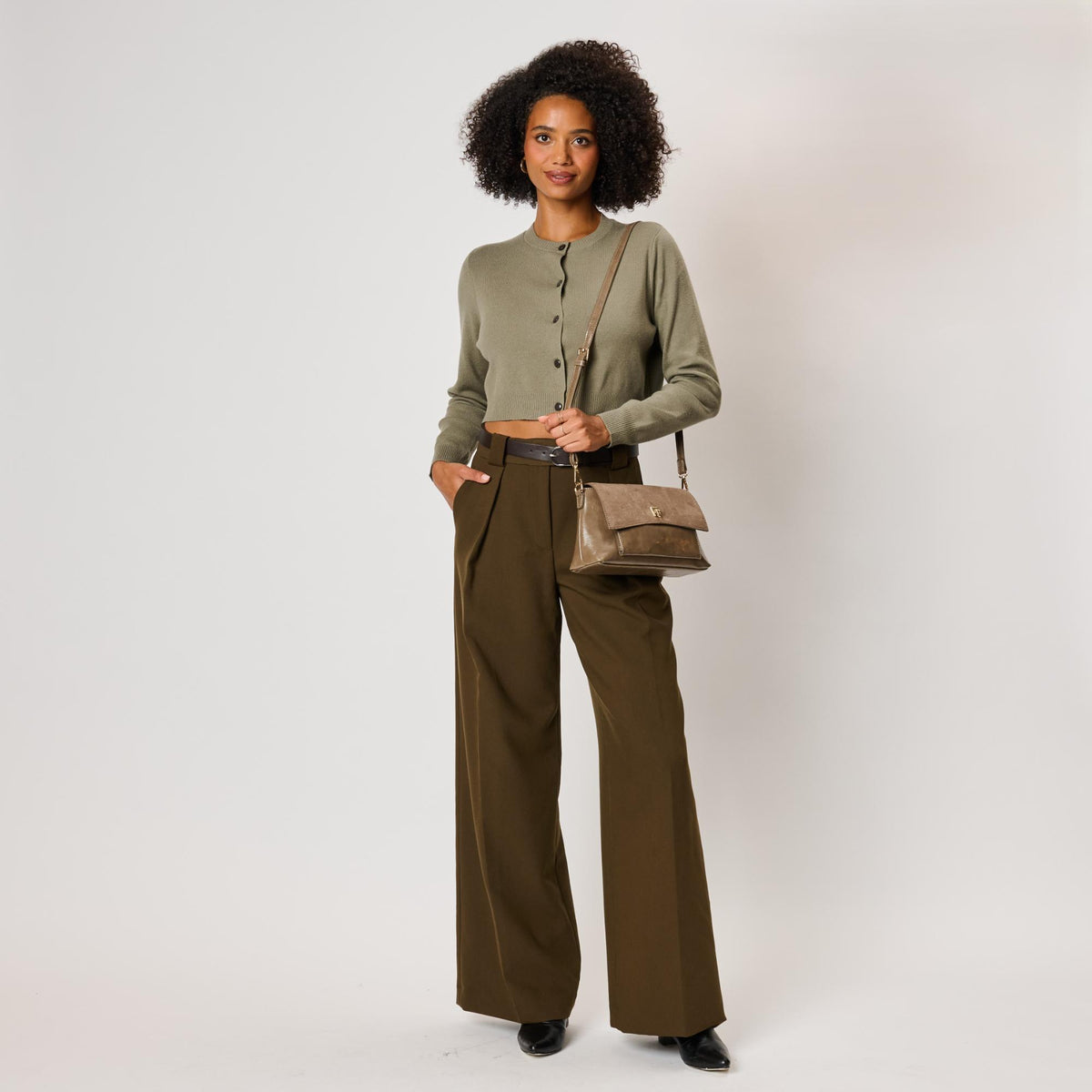 Woman wearing Taupe Moda Luxe Aly Crossbody 842017143062 View 3 | Taupe