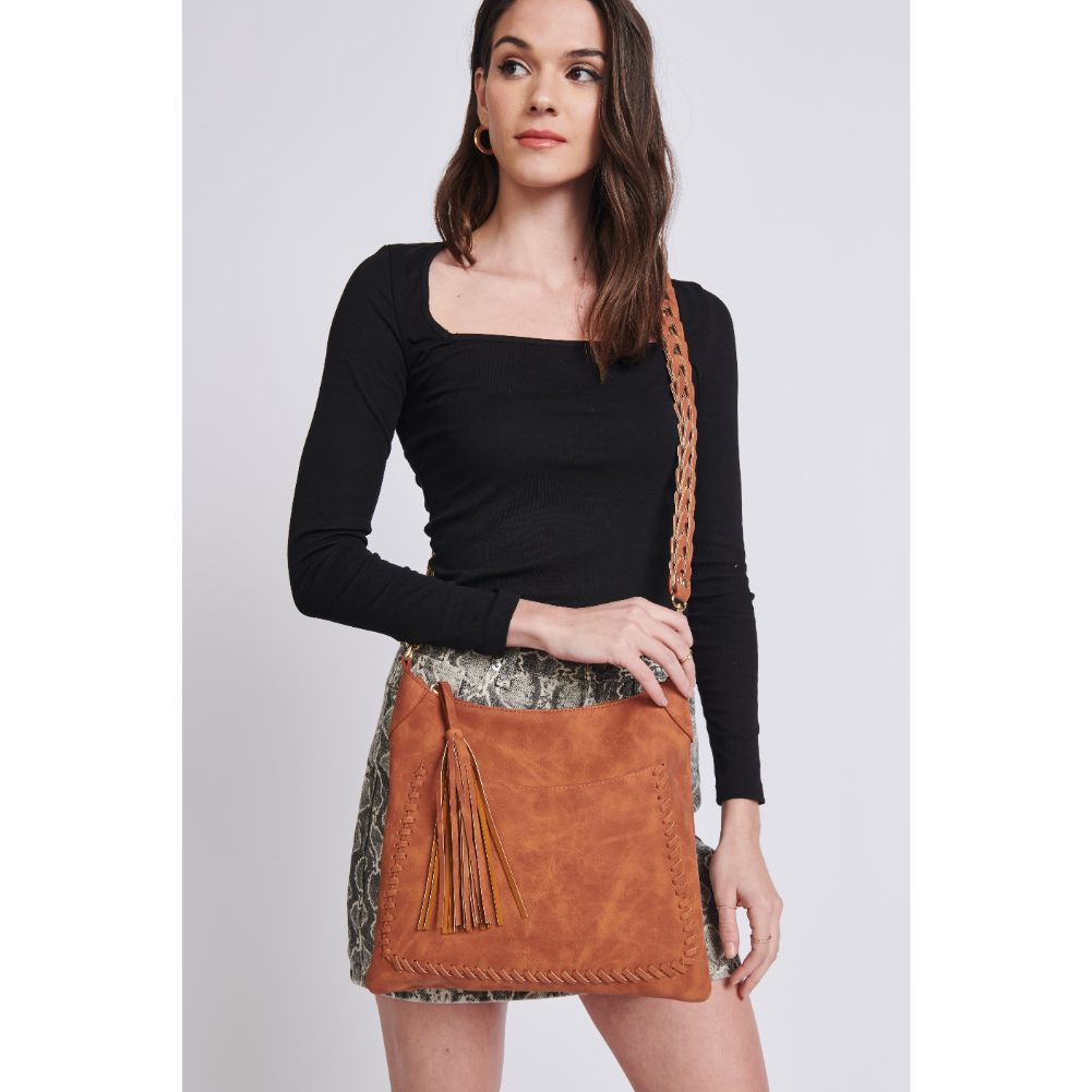 Woman wearing Tan Moda Luxe Layla Crossbody 842017129493 View 1 | Tan