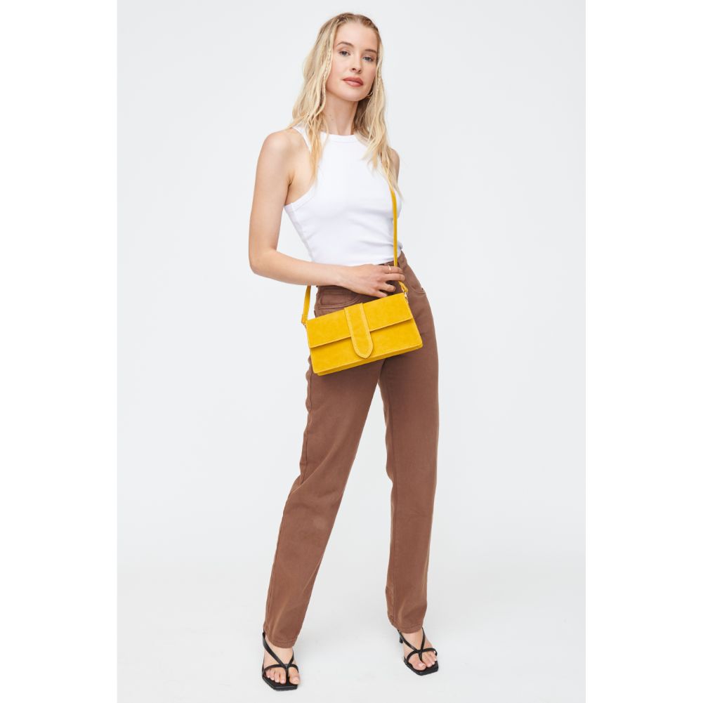 Woman wearing Yellow Moda Luxe Violet - Suede Crossbody 842017130758 View 3 | Yellow