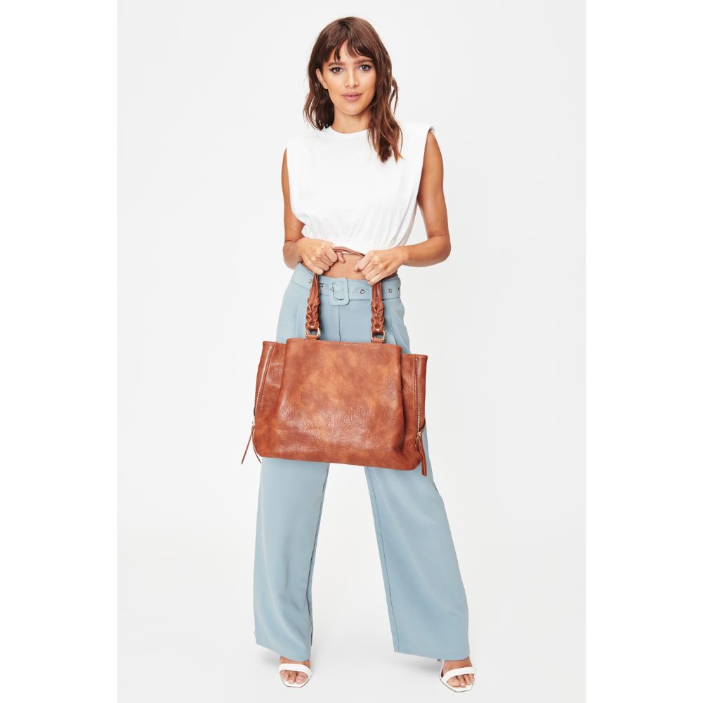 Woman wearing Cognac Moda Luxe Clementine Tote 842017128076 View 2 | Cognac