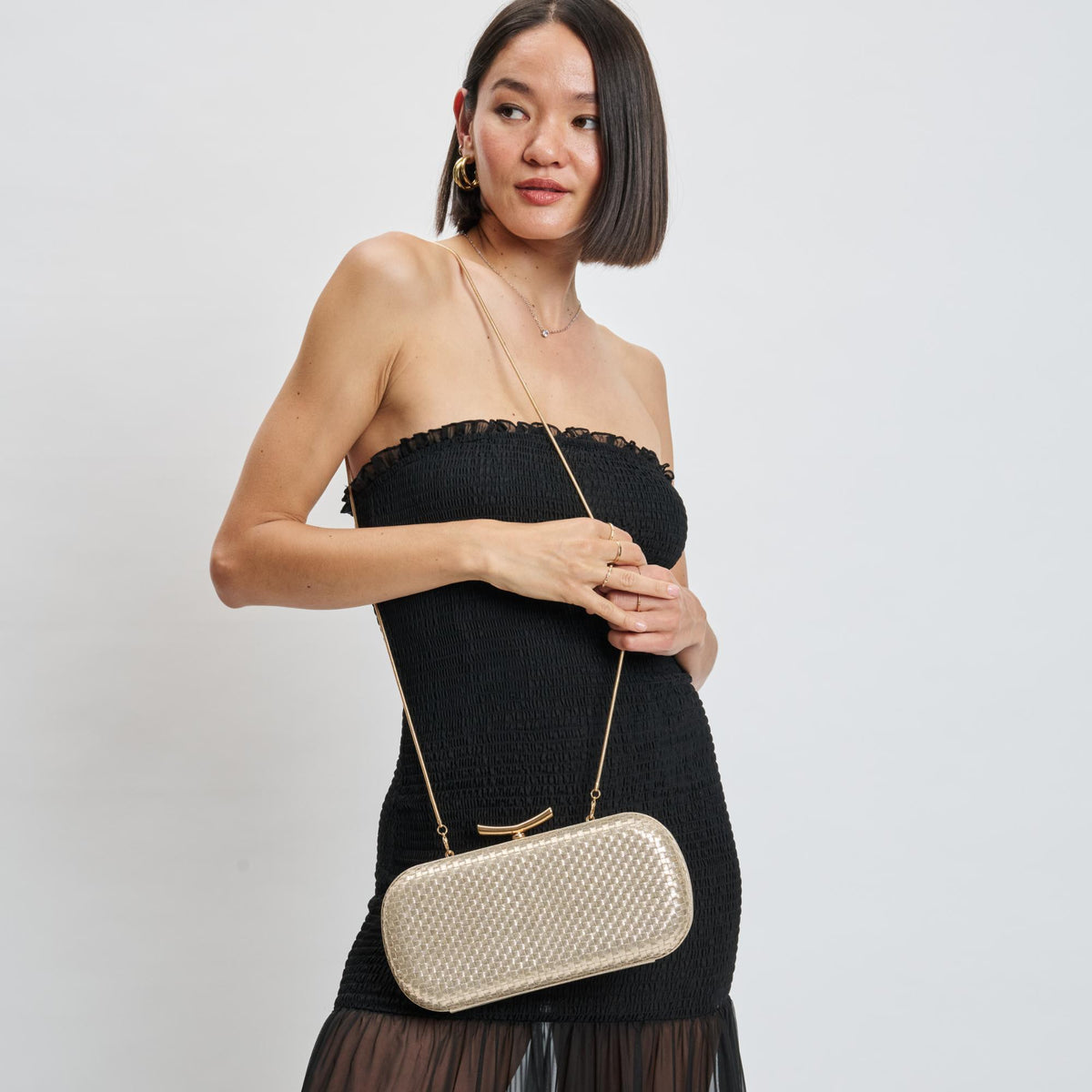 Woman wearing Gold Sol and Selene Victoria Evening Bag 842017139461 View 1 | Gold